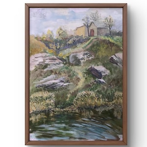 Pintura a óleo paisagem original, pintura em papelão, paisagem de aldeia, arte artesanal, natureza, sem moldura, paisagem de casa, arte de parede