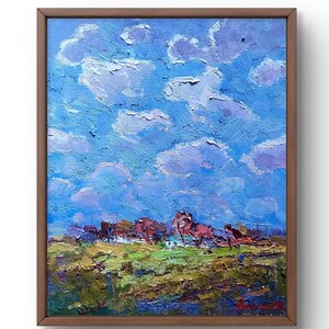 Oil painting landscape original, painting on canvas, village landscape, handmade art, nature, unframed, sky landscape, wall art