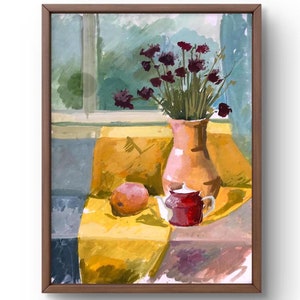 Dipinto a guazzo natura morta originale, dipinto su carta, natura morta di fiori, arte fatta a mano, interno, senza cornice, natura morta di bouquet, arte murale