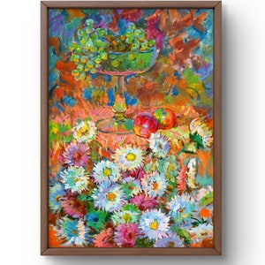 Pintura a óleo natureza morta original, pintura a óleo sobre papelão, natureza morta brilhante com flores, frutas e uvas, arte feita à mão, arte de parede