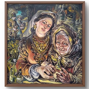 Retrato de pintura a óleo original, pintura em papelão, retrato de mulher, arte artesanal, natureza, sem moldura, retrato de mulher velha, arte de parede