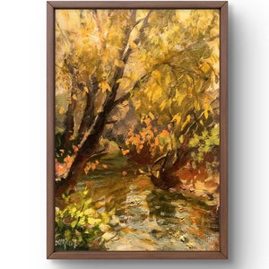Pintura al óleo paisaje original, pintura sobre cartón, paisaje de otoño, arte hecho a mano, naturaleza, paisaje de río sin marco, arte de pared