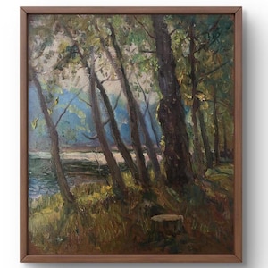 Pintura a óleo paisagem original, pintura em papelão, paisagem florestal, arte artesanal, natureza, sem moldura, paisagem fluvial, arte de parede