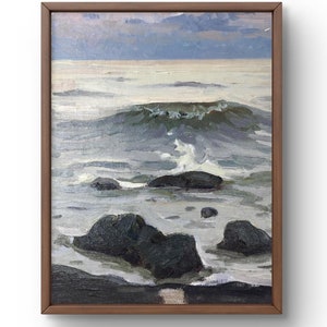Pintura a óleo paisagem original, pintura a óleo sobre papelão, mar calmo com ondas suaves e pedras na praia, arte feita à mão, sem moldura