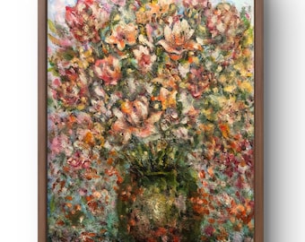 Oil painting still life original, oil painting, lush bouquet of blooming flowers in bright colors, handmade art, unframed, wall art