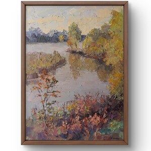 Oil painting landscape original, oil painting, calming view of the river bank in the autumn atmosphere, handmade art, unframed, wall art
