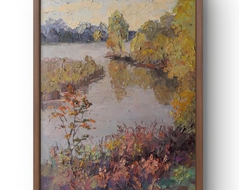 Oil painting landscape original, oil painting, calming view of the river bank in the autumn atmosphere, handmade art, unframed, wall art