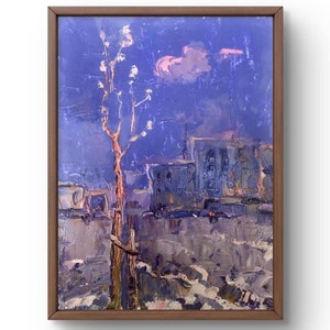 Pintura al óleo paisaje original, pintura sobre cartón, paisaje de ciudad, arte hecho a mano, naturaleza, sin marco, paisaje de árboles, arte de pared