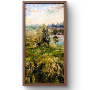 Pintura al óleo paisaje original, pintura sobre cartón, paisaje de río, arte hecho a mano, naturaleza, sin marco, paisaje forestal, arte de pared
