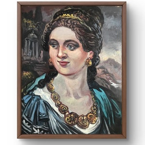 Retrato pintado al óleo original, pintura al óleo sobre cartón, retrato de una mujer con ricas joyas, elementos arquitectónicos, arte hecho a mano
