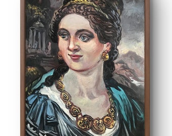 Oryginalny portret olejny, obraz olejny na tekturze, portret kobiety w bogatej biżuterii, elementy architektoniczne, rękodzieło