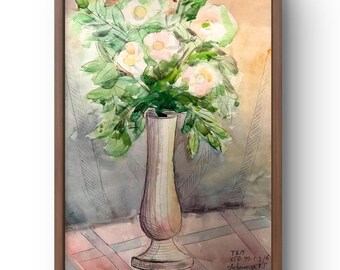 水彩画の静物画、水彩画、テーブルの上に花が咲いた花瓶、手作りアート