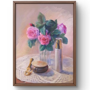 Dipinto a pastello natura morta originale, dipinto a pastello su carta, delicate rose rosa in un vaso di vetro, arte fatta a mano, senza cornice, arte murale