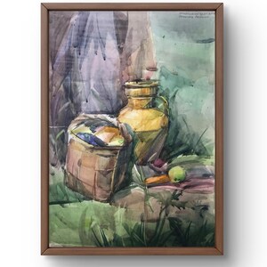 Dipinto ad acquerello natura morta originale, dipinto ad acquerello, scena rustica con cesto e brocca tradizionale, arte fatta a mano, senza cornice