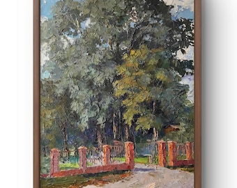 Oil painting landscape original, oil painting on canvas, scene of tall lush trees under a bright sky, handmade art, unframed, wall art