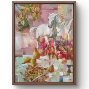 Oil painting abstract original, oil painting on canvas, surreal elements with symbolic imagery and horse, handmade art, unframed, wall art