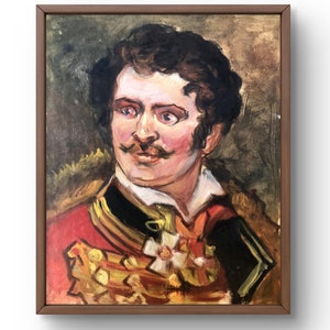 Retrato pintado al óleo original, pintura al óleo, hombre distinguido con bigote, con uniforme militar detallado, retrato hecho a mano, arte sin marco