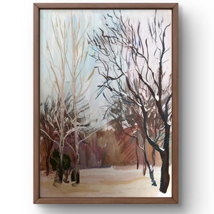 Dipinto a guazzo paesaggio originale, dipinto su carta, paesaggio invernale, arte fatta a mano, natura, senza cornice, paesaggio forestale, arte murale