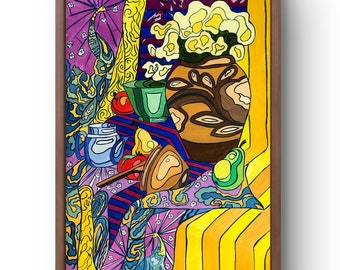 Pintura acrílica abstracta original, pintura acrílica, colores brillantes y formas suaves y representa una naturaleza muerta, arte hecho a mano, sin marco