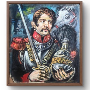 Retrato pintado al óleo original, pintura al óleo sobre cartón, imagen de un militar con uniforme de gala, caballo militar, arte hecho a mano, sin marco