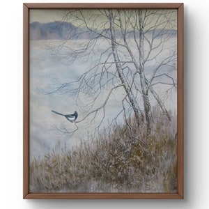 Dipinto ad acquerello paesaggio originale, dipinto ad acquerello su carta, scena invernale con gazza solitaria sui rami degli alberi, arte fatta a mano