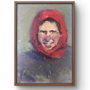 Retrato pintado al óleo original, óleo sobre cartón, mujer mayor con pañuelo rojo en la cabeza, cuyo rostro refleja huellas, sin marco