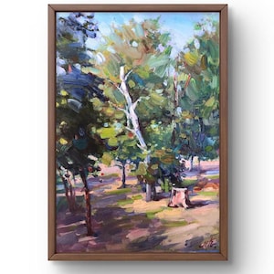Pintura al óleo paisaje pintura original sobre cartón, paisaje forestal, arte hecho a mano, naturaleza, sin marco, paisaje de verano, arte de pared