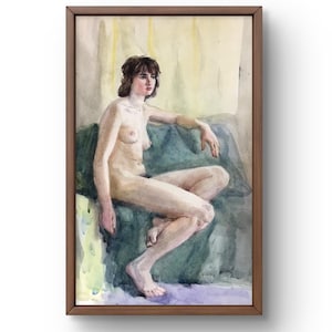 Pintura de acuarela retrato original, pintura de acuarela sobre cartón, retrato de una mujer desnuda en un sofá irradiando calma, arte hecho a mano