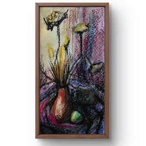 Pintura al temple naturaleza muerta original, pintura al temple sobre cartón, arreglo brillante de flores en un jarrón, arte hecho a mano, sin marco,