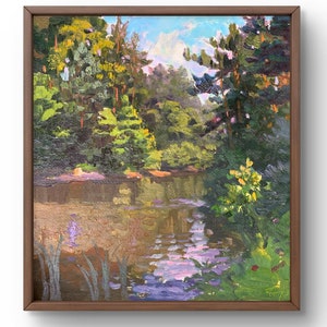 Oil painting landscape original, oil painting, forest landscape with lush greenery reflected in the river, handmade art, unframed, wall art