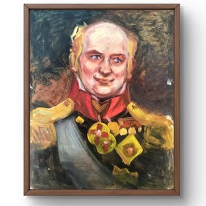Retrato en pintura al óleo original, pintura al óleo, la trama representa una figura militar con un uniforme decorado, retrato hecho a mano, arte sin marco