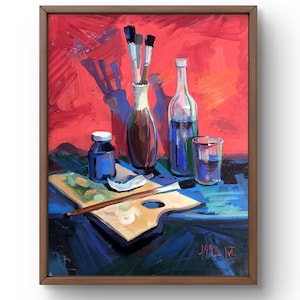 Dipinto acrilico natura morta originale, dipinto acrilico su carta, scena di un tavolo con attrezzatura da disegno, arte fatta a mano, senza cornice, arte murale