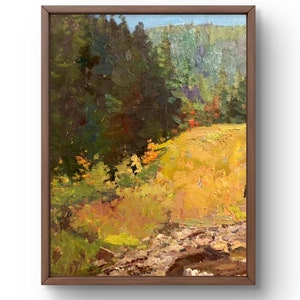 Pintura a óleo paisagem original, pintura a óleo sobre papelão, paisagem florestal com prado brilhante, dia ensolarado, arte artesanal, sem moldura, arte de parede