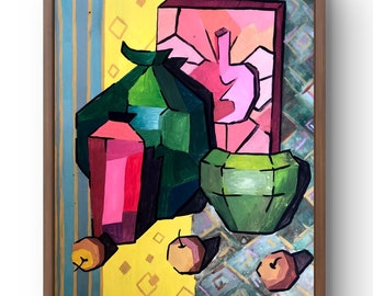 Gouache painting abstract original, gouache painting, fruits on the table are harmoniously combined with objects, handmade art, unframed