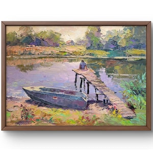 Oil painting landscape original, painting on canvas, pond landscape, handmade art, nature, unframed, boat landscape, wall art
