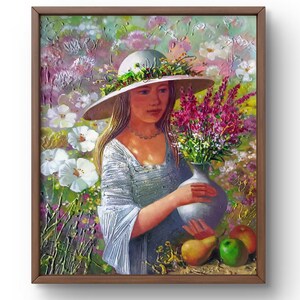 Original Oil Painting: Woman with Flowers, Abstract Floral Art (29.52x25.59 inches)