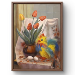 Pastellmalerei Stillleben Original, Pastellmalerei, helle Tulpen in einer rustikalen Vase neben einem Spielzeug, handgemachte Kunst, ungerahmt, Wandkunst