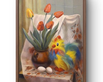 Pastel painting still life original, pastel painting, bright tulips in a rustic vase next to a toy, handmade art, unframed, wall art