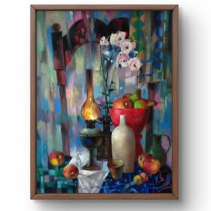 Oil painting still life original, oil painting, bright arrangement of objects, including an antique lamp and vase, handmade art, unframed