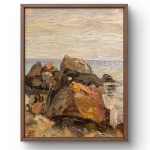 Pintura a óleo paisagem original, pintura a óleo sobre papelão, costa rochosa sob céu nublado no fundo do horizonte, arte feita à mão, sem moldura
