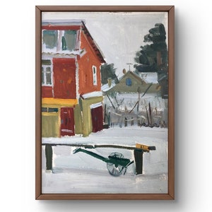 Pintura al óleo paisaje original, pintura al óleo sobre cartón, tranquilo paisaje de pueblo nevado con edificios coloridos y trineo, arte hecho a mano