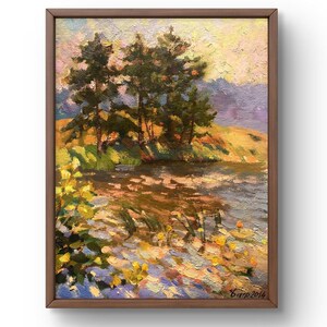 Pintura a óleo paisagem original, pintura em papelão, paisagem de rio, arte artesanal, natureza, sem moldura, paisagem de verão, arte de parede