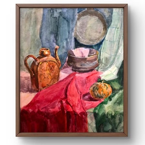 Watercolor painting still life original, watercolor painting, scene of kitchen utensils and food standing on the table, art, unframed