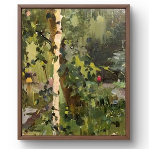 Pintura a óleo paisagem original, pintura a óleo sobre papelão, paisagem com bétula em um fundo de vegetação densa, arte feita à mão, sem moldura