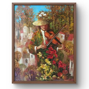 Oil painting abstract original, oil painting on canvas, figure playing the violin, decorated with a hat, handmade art, unframed, wall art
