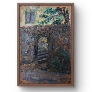 Pintura a óleo paisagem original, pintura a óleo sobre papelão, cena de pátio da cidade com árvore e escadas, arte feita à mão, sem moldura, arte de parede