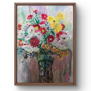 Pintura al temple naturaleza muerta original, pintura al temple, escena de ramo con flores rojas y amarillas, arte hecho a mano, sin marco, arte de pared
