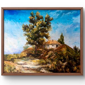 Pintura al óleo paisaje original, pintura sobre cartón, paisaje de pueblo, arte hecho a mano, naturaleza, paisaje de casas sin marco, arte de pared