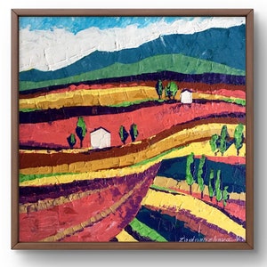 Pintura al óleo abstracta original, pintura sobre cartón, montañas abstractas, arte hecho a mano, naturaleza, sin marco, paisaje de montañas, arte de pared