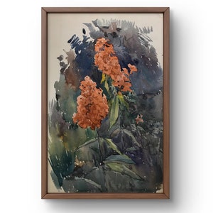 Pintura de acuarela de naturaleza muerta original, pintura de acuarela, flores de color naranja brillante con hojas verdes exuberantes, arte hecho a mano, sin marco